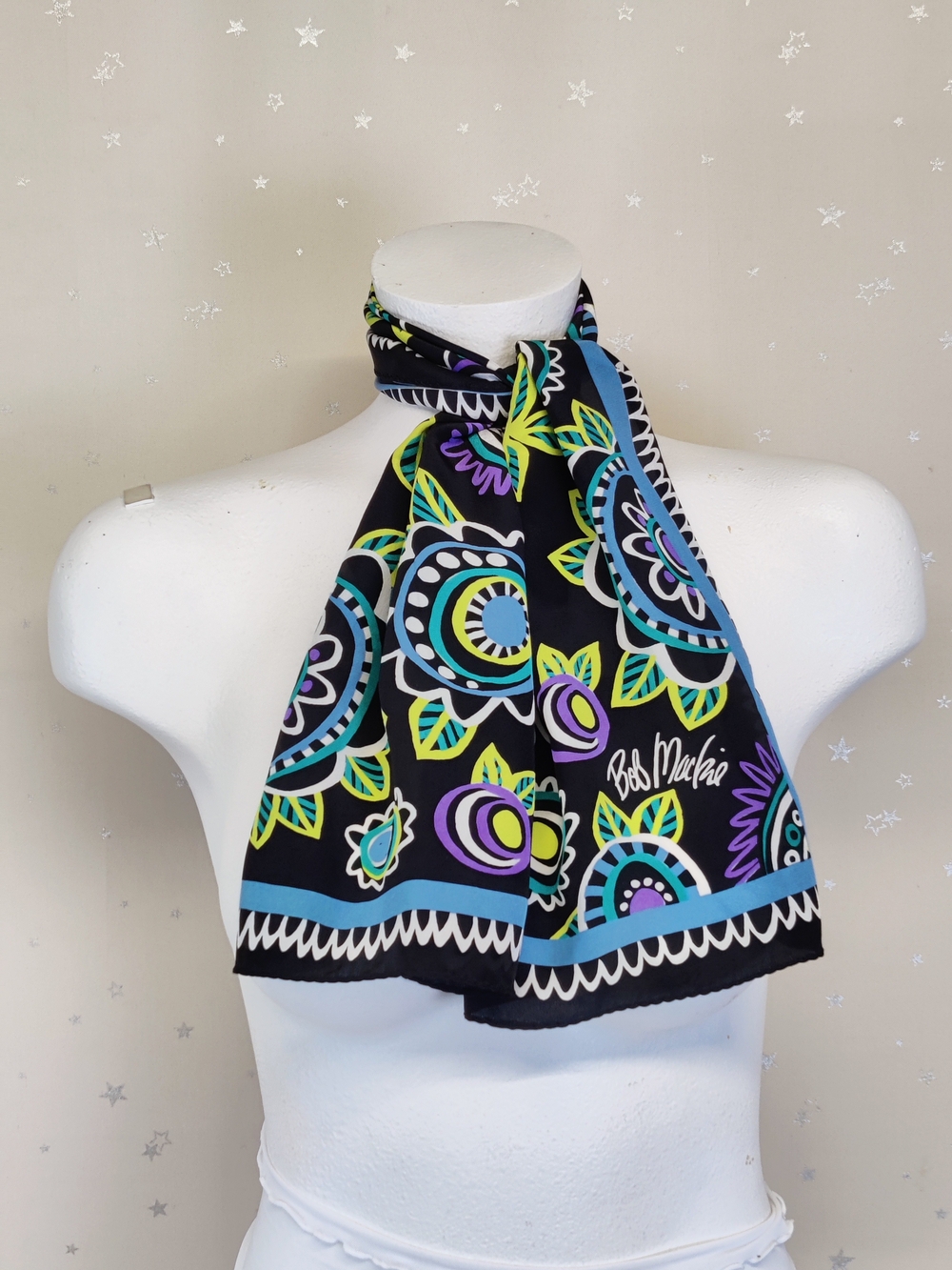 Vintage Bob Mackie Wearable Art 100% Silk Floral Scarf Black 10x36 Black Green